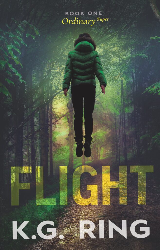 Cover image for Book One of the Ordinary Super series: Flight
It shows a young woman levitating in the middle of the woods in a winter coat and jeans. The author's name and title are superimposed.